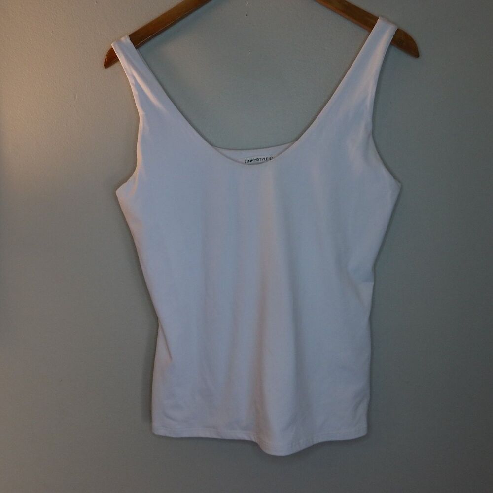 Pinkm Style Womens Stretch Tank Top L White V-Neck Sleeveless y2k 90s gorpcore